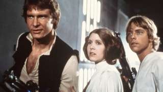 Harrison Ford, Carrie Fisher, and Mark Hamill as Han Solo, Princess Leia and Luke Skywalker in Star Wars